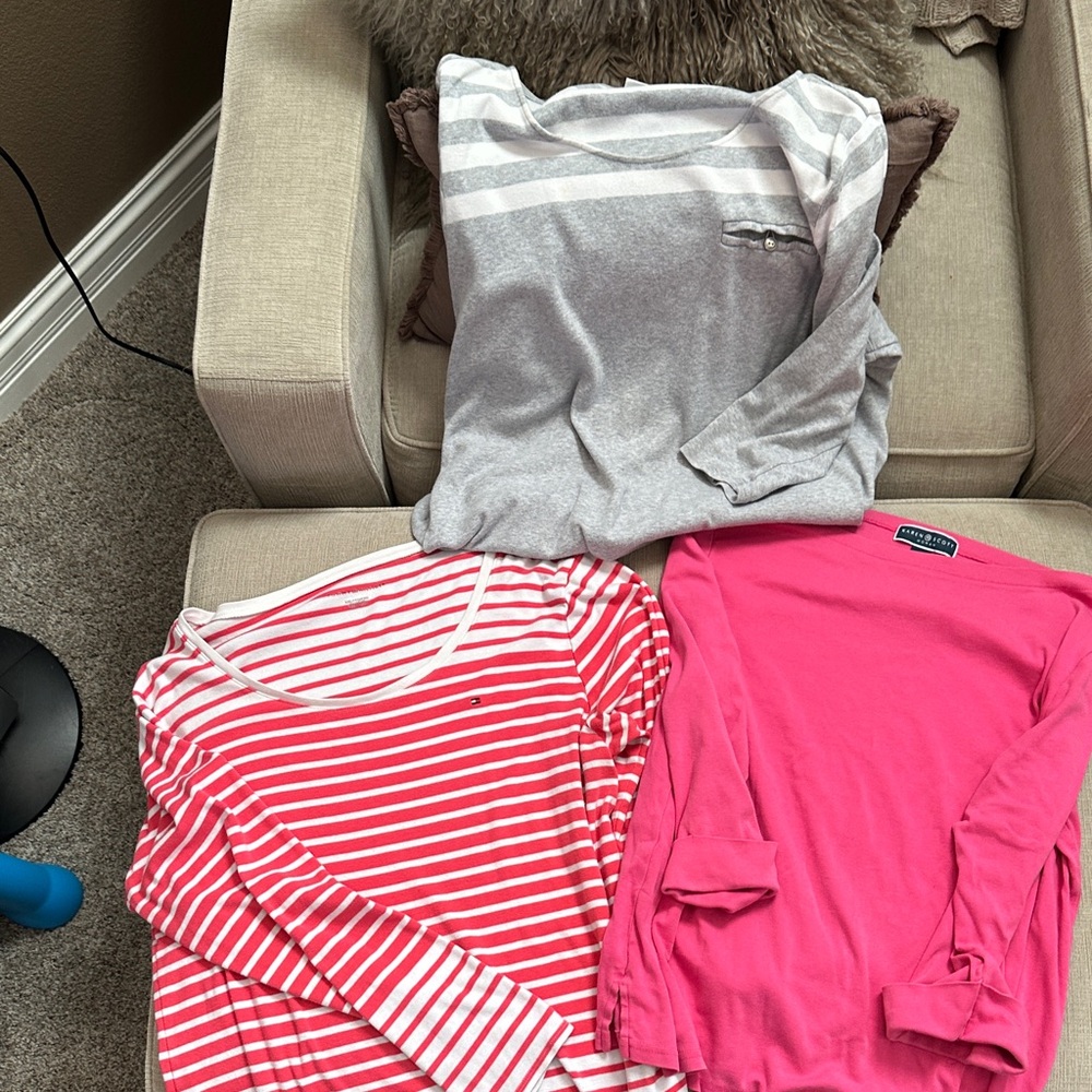 Gray and Pink Striped  3/4 Sleeve Tops